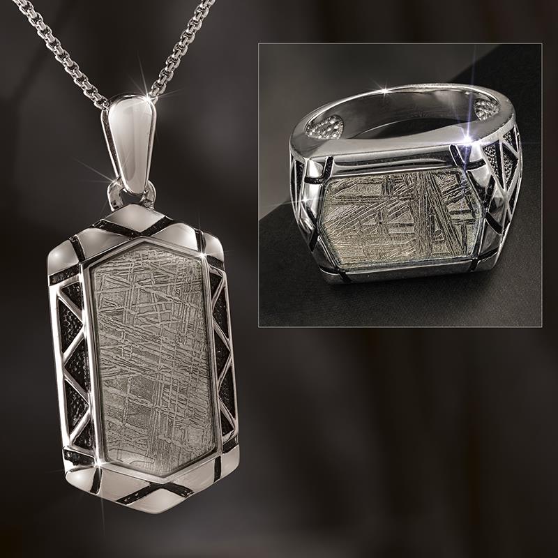 Men's Meteorite in Steel Pendant, Chain & Ring
